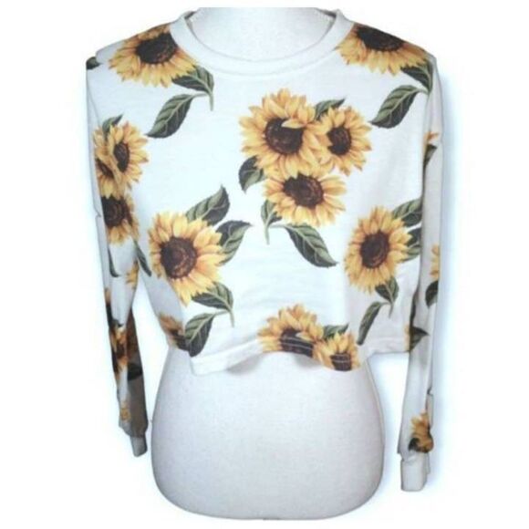 SHEIN WHITE & YELLOW SUNFLOWER PRINT CROP PULLOVER SZ.4 EUC. GORGEOUS PULLOVER - Picture 1 of 6